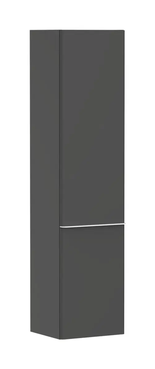 Hochschrank in Diamantgrau Matt mit vertikaler Oberfläche und einem Edelstahlgriff. Von Hansgrohe, für den Einsatz in Badezimmern geeignet. Türanschlag auf der linken Seite.
